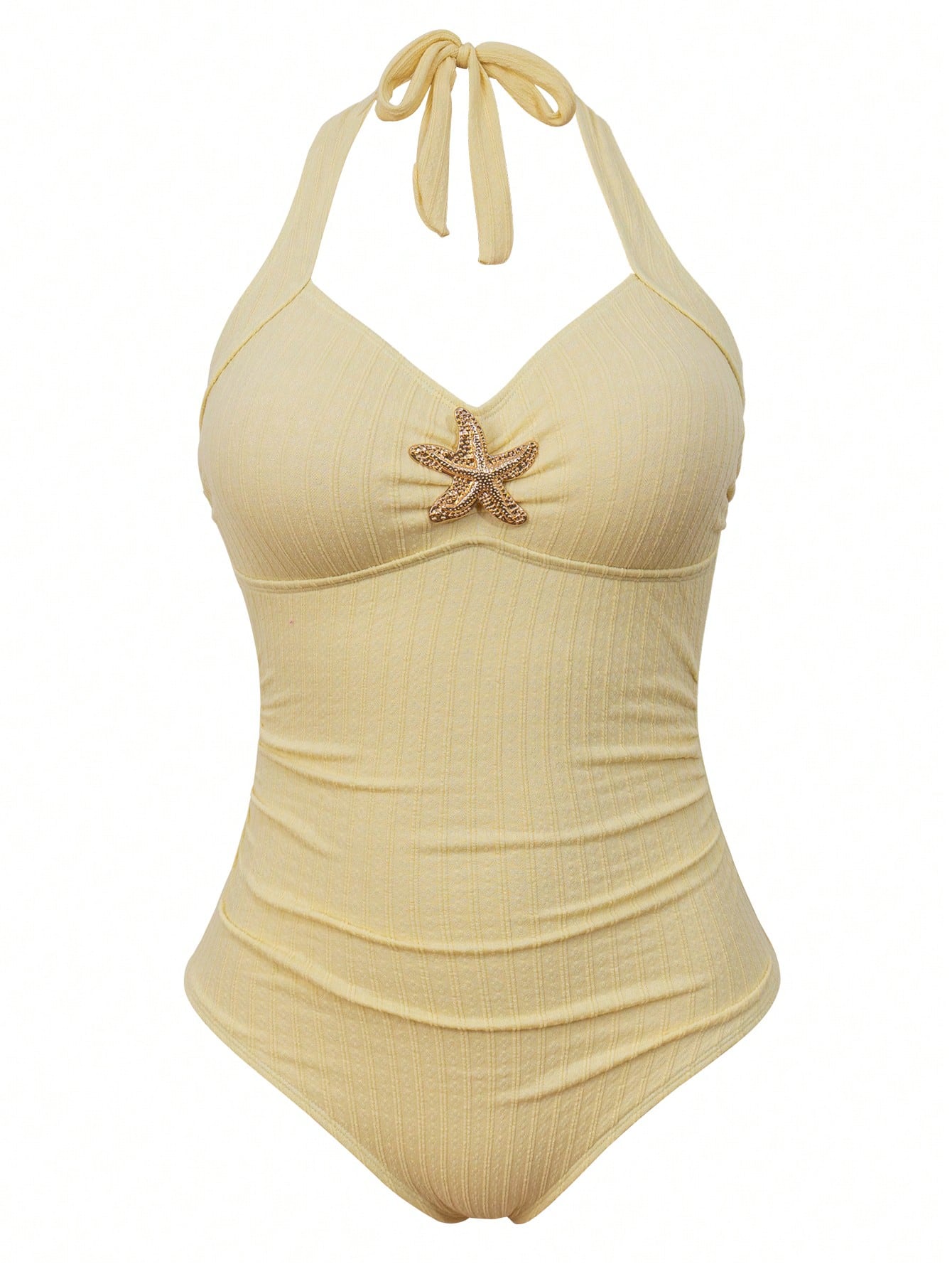 Sweetra Women's Plus Size Summer Vacation Special Fabric Metal Starfish Decor Halter One-Piece Swimsuit With Cover-Up Skirt