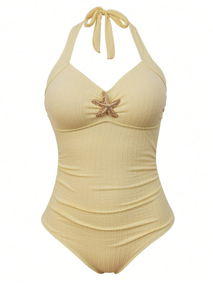 Sweetra Women's Plus Size Summer Vacation Special Fabric Metal Starfish Decor Halter One-Piece Swimsuit With Cover-Up Skirt