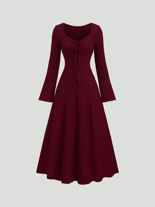 Sweetra Women's Solid Color Front Tie Fitted Flare Sleeve Waist Cinched Dress