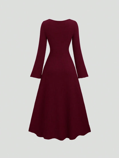 Sweetra Women's Solid Color Front Tie Fitted Flare Sleeve Waist Cinched Dress