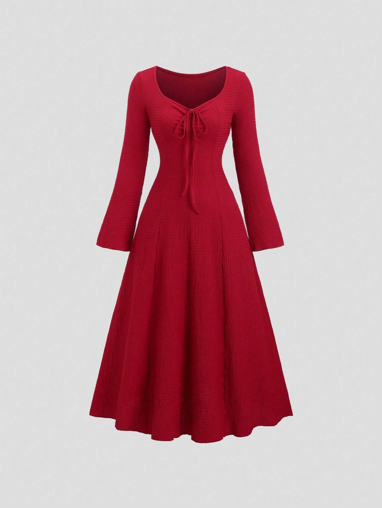 Sweetra Women's Solid Color Front Tie Fitted Flare Sleeve Waist Cinched Dress