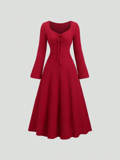 Sweetra Women's Solid Color Front Tie Fitted Flare Sleeve Waist Cinched Dress