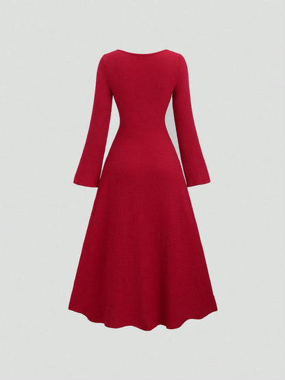 Sweetra Women's Solid Color Front Tie Fitted Flare Sleeve Waist Cinched Dress