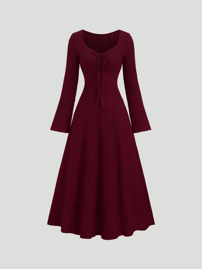 Sweetra Women's Solid Color Front Tie Fitted Flare Sleeve Waist Cinched Dress