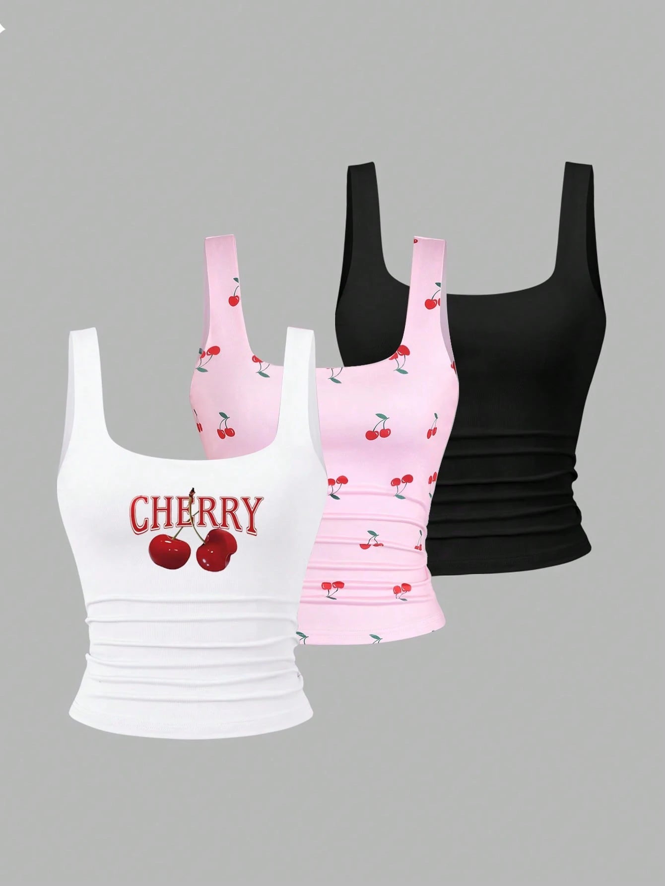 Sweetra Women's Square Neck Cherry Print Ruched Casual Tank Top, Summer