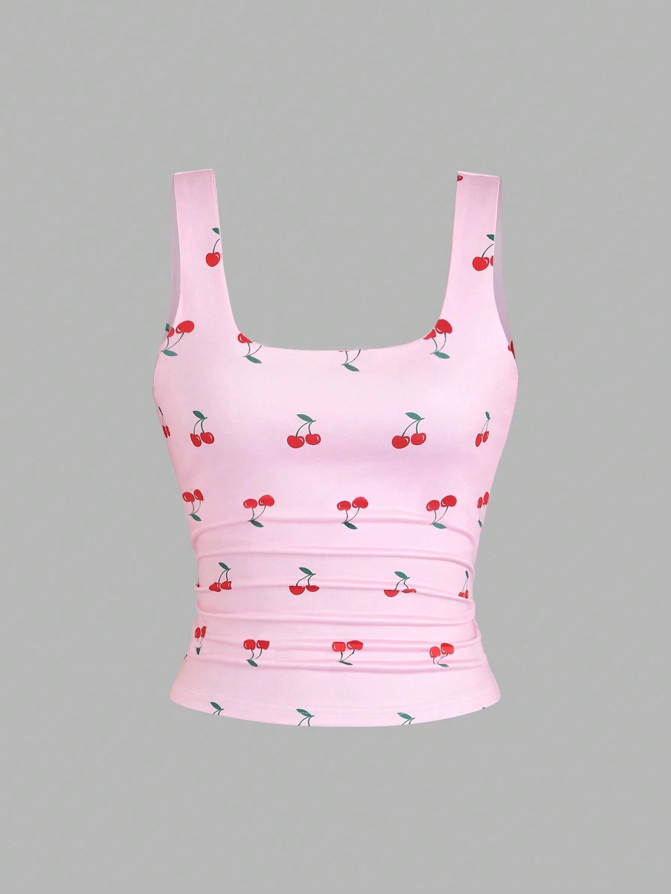 Sweetra Women's Square Neck Cherry Print Ruched Casual Tank Top, Summer