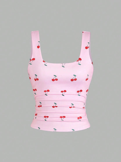 Sweetra Women's Square Neck Cherry Print Ruched Casual Tank Top, Summer