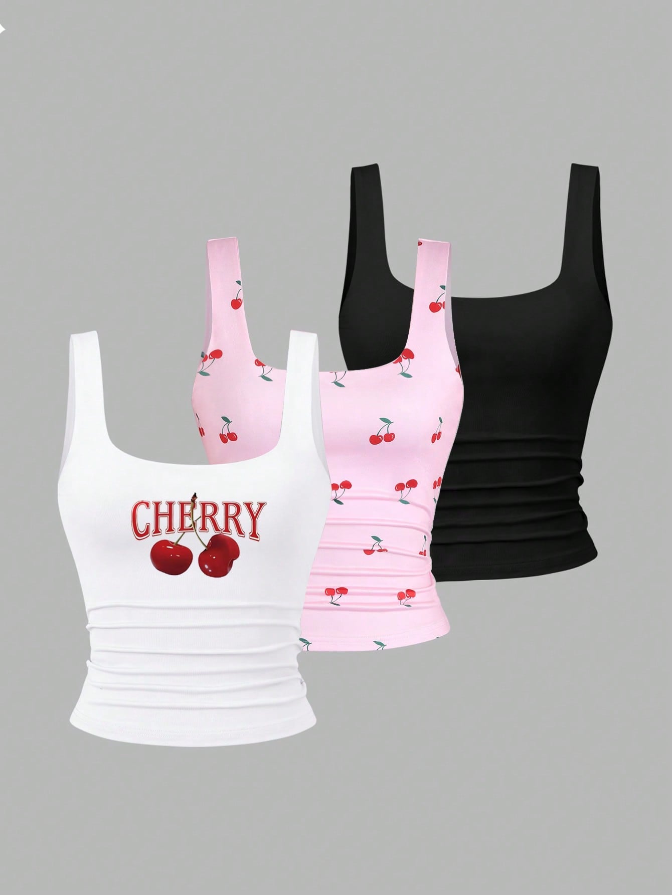 Sweetra Women's Square Neck Cherry Print Ruched Casual Tank Top, Summer