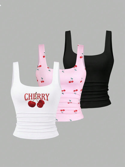Sweetra Women's Square Neck Cherry Print Ruched Casual Tank Top, Summer