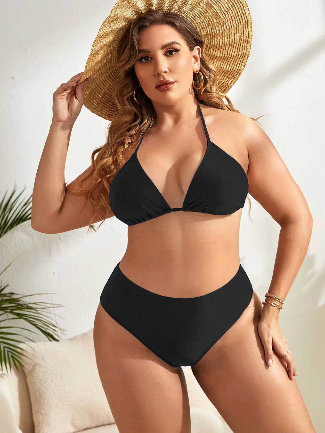 Swim Basics Summer Beach Plus Size Minimalist Bikini Set Halter Triangle Bra & High Waisted Bottom 2 Pieces Bikini