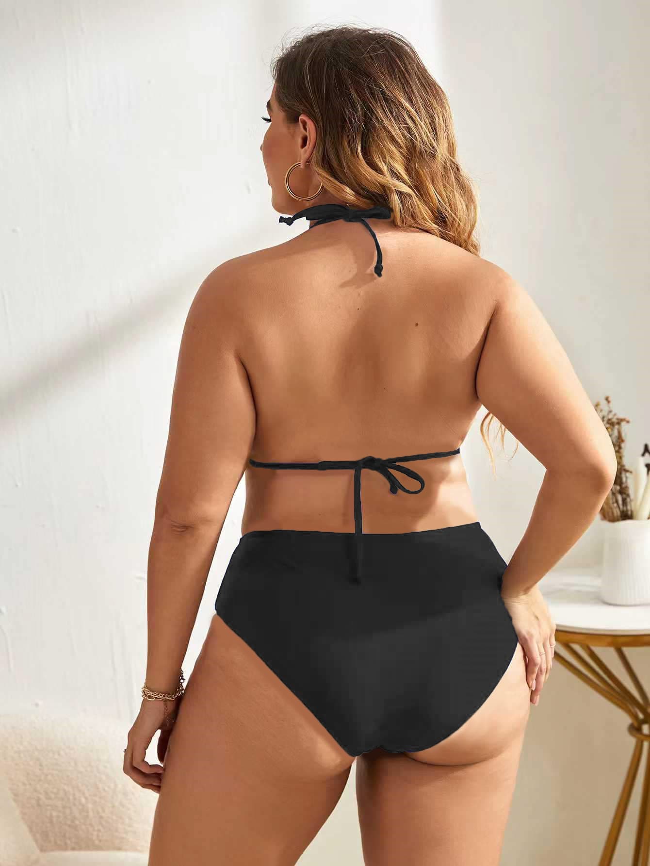 Swim Basics Summer Beach Plus Size Minimalist Bikini Set Halter Triangle Bra & High Waisted Bottom 2 Pieces Bikini