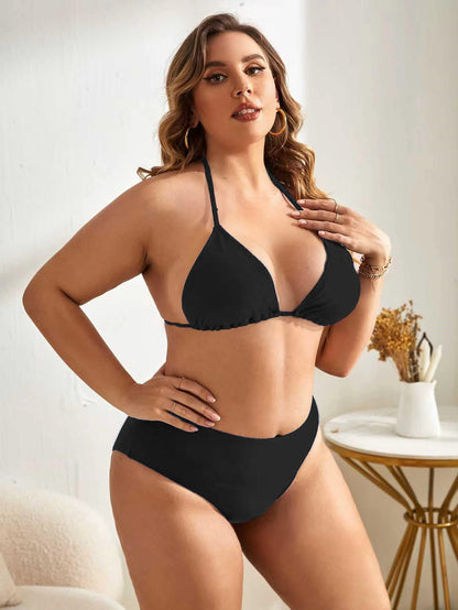 Swim Basics Summer Beach Plus Size Minimalist Bikini Set Halter Triangle Bra & High Waisted Bottom 2 Pieces Bikini