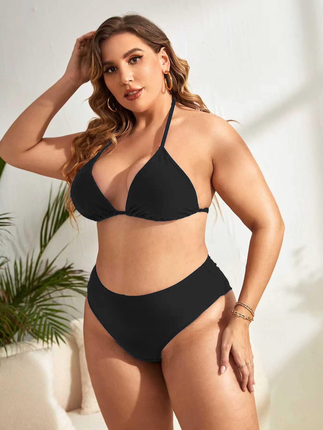 Swim Basics Summer Beach Plus Size Minimalist Bikini Set Halter Triangle Bra & High Waisted Bottom 2 Pieces Bikini