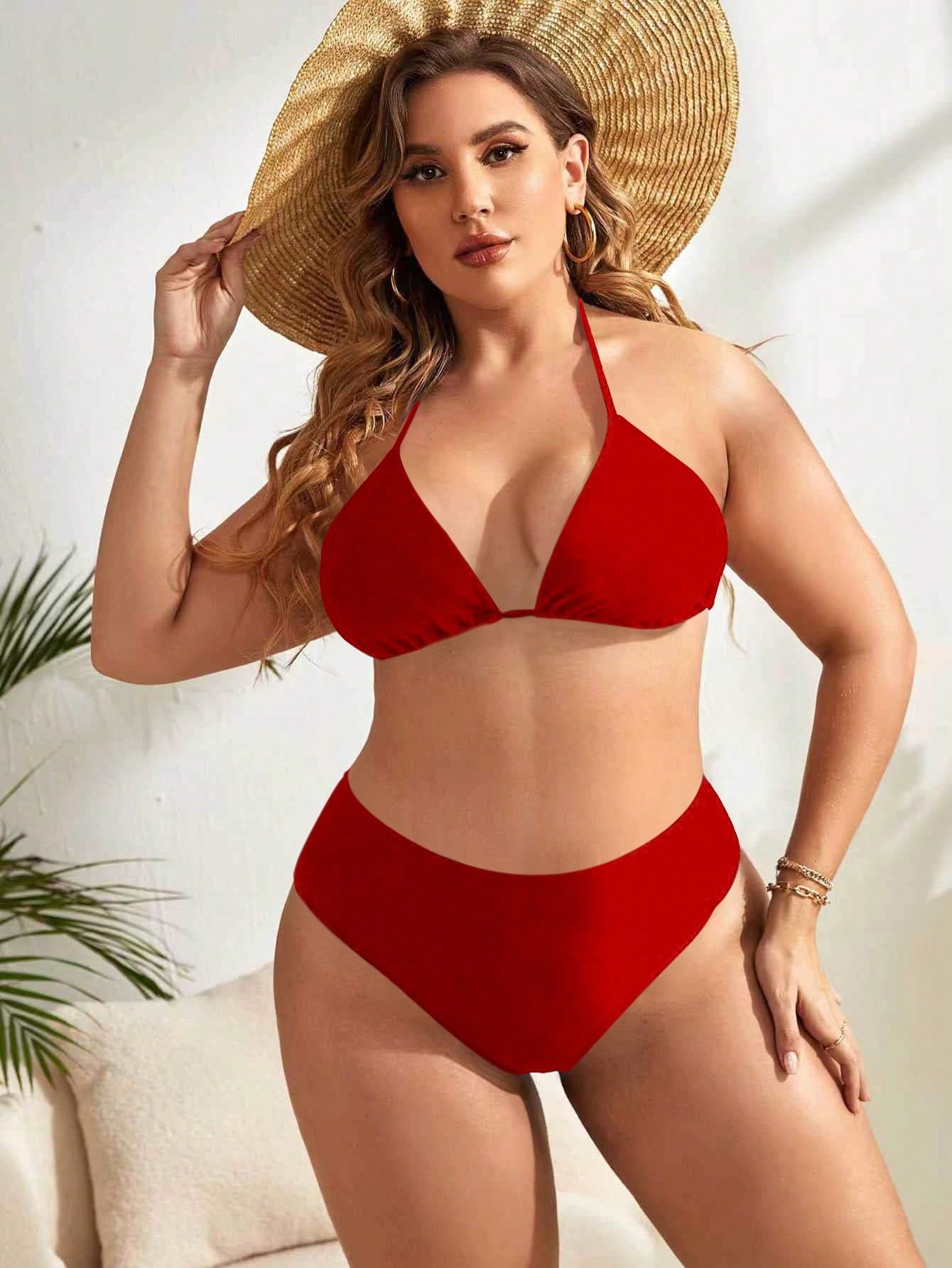 Swim Basics Summer Beach Plus Size Minimalist Bikini Set Halter Triangle Bra & High Waisted Bottom 2 Pieces Bikini