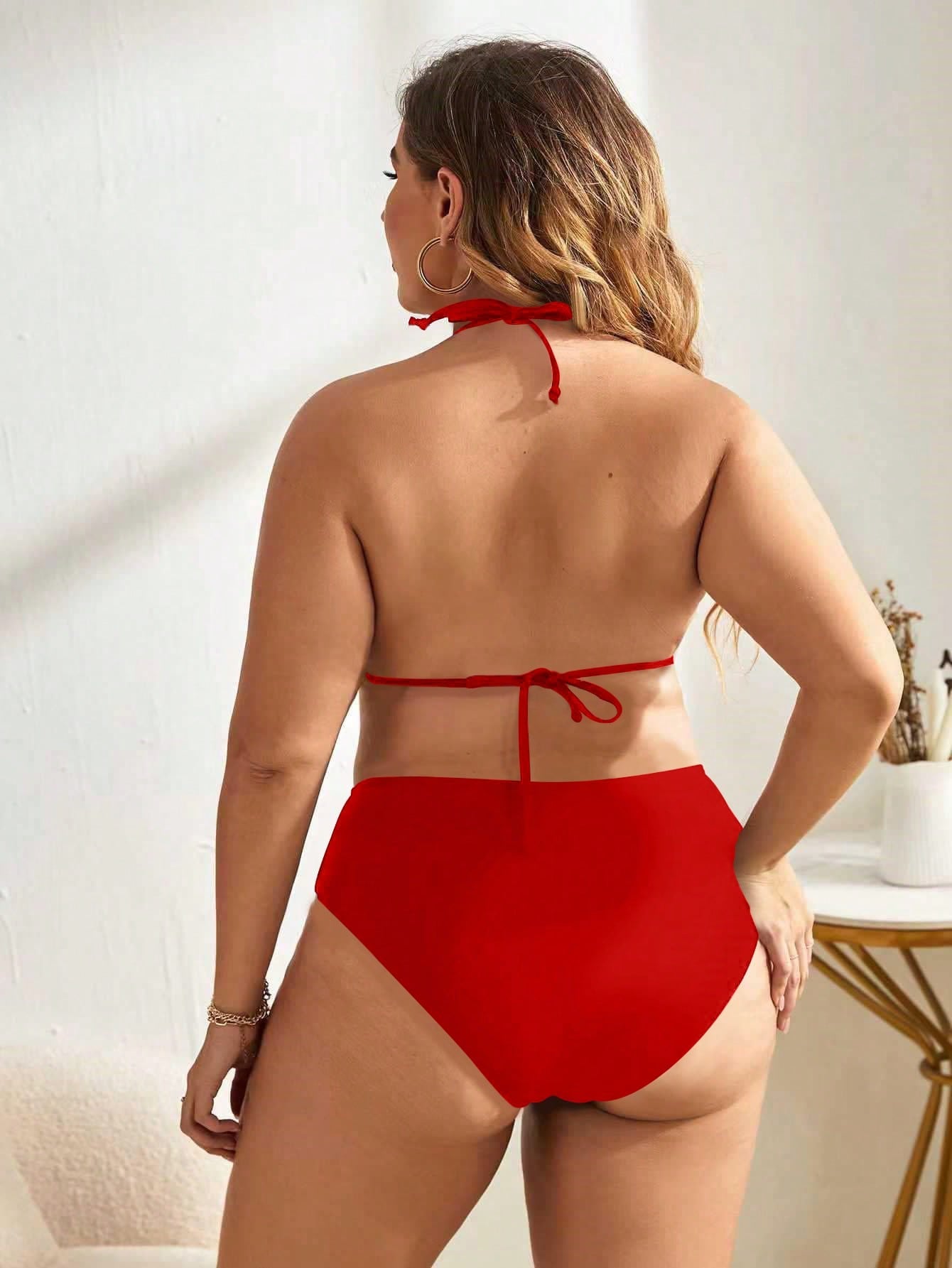 Swim Basics Summer Beach Plus Size Minimalist Bikini Set Halter Triangle Bra & High Waisted Bottom 2 Pieces Bikini