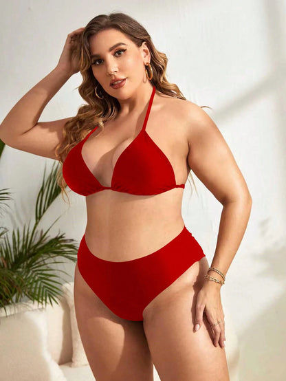 Swim Basics Summer Beach Plus Size Minimalist Bikini Set Halter Triangle Bra & High Waisted Bottom 2 Pieces Bikini