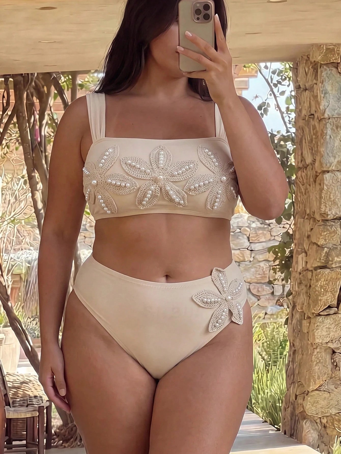 Swim Chiccia 2026 New Spring/Summer Plus Size 2-Piece Bikini Set, Beige Crochet Floral & Pearl Embellished Top With Wide Straps And High-Waist Triangle Bottoms, Women's Beach Vacation Swimwear