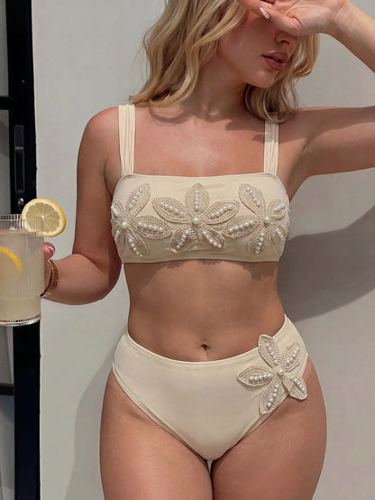 Swim Chiccia 2026 New Spring/Summer Plus Size 2-Piece Bikini Set, Beige Crochet Floral & Pearl Embellished Top With Wide Straps And High-Waist Triangle Bottoms, Women's Beach Vacation Swimwear