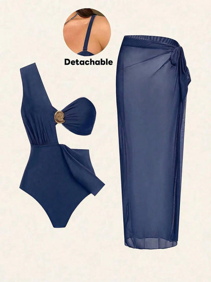 Swim Chiccia Plus Size 3 PiecesElegant Brown Metal Buckle Decorated One-Piece Swimsuit, Can Be Worn Separately With Outfits, Suitable For Party And Holiday
