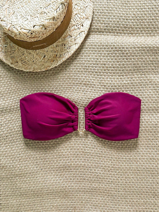 Swim Chiccia Sleeveless Red Violet Fabric Bandeau Crop Bikini Top For Women Casual Plain Style