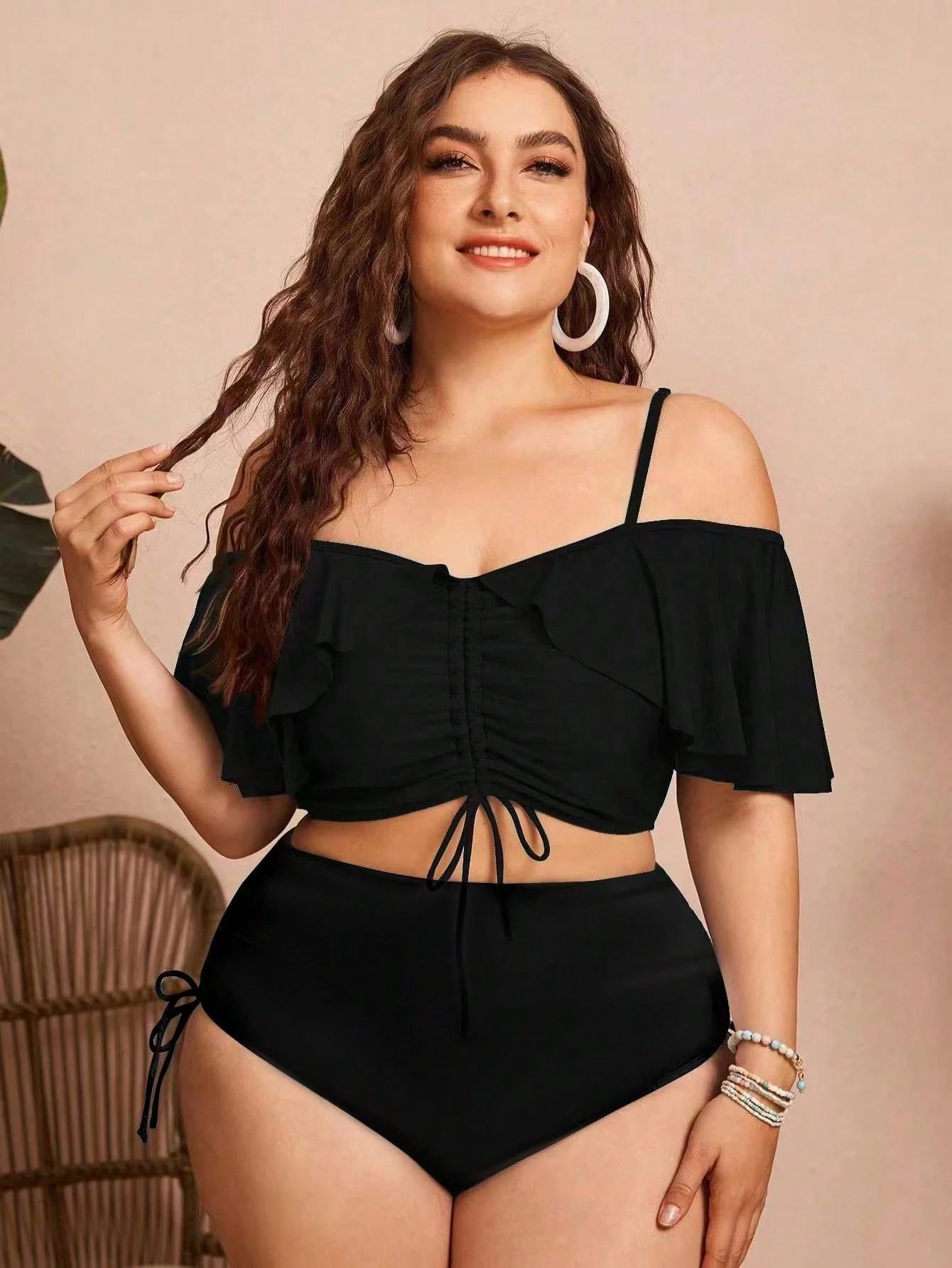 Swim Chiccia Summer 2pcs Plus Size Women's Solid Color Spaghetti Strap Off Shoulder Ruffled Drawstring Split Bikini, Stylish And Elegant Vacation Casual