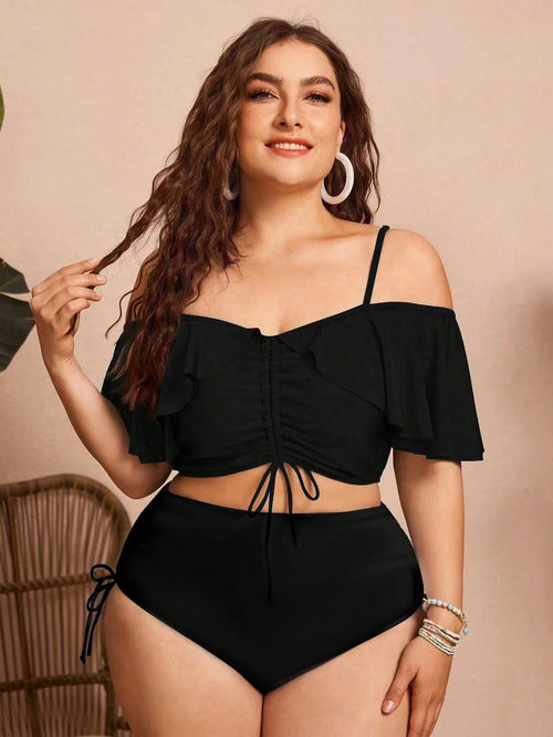Swim Chiccia Summer 2pcs Plus Size Women's Solid Color Spaghetti Strap Off Shoulder Ruffled Drawstring Split Bikini, Stylish And Elegant Vacation Casual