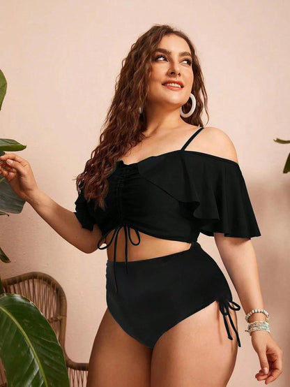 Swim Chiccia Summer 2pcs Plus Size Women's Solid Color Spaghetti Strap Off Shoulder Ruffled Drawstring Split Bikini, Stylish And Elegant Vacation Casual