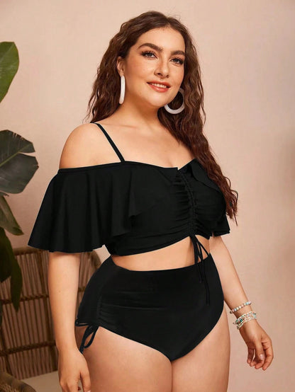 Swim Chiccia Summer 2pcs Plus Size Women's Solid Color Spaghetti Strap Off Shoulder Ruffled Drawstring Split Bikini, Stylish And Elegant Vacation Casual
