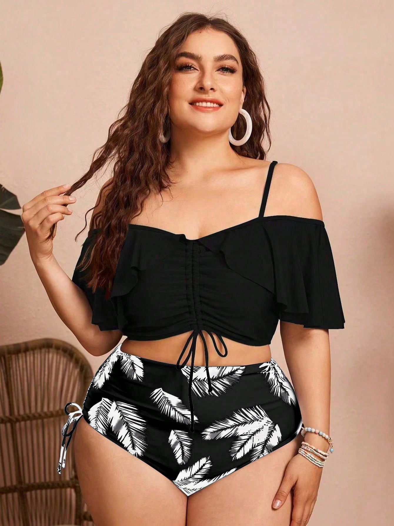 Swim Chiccia Summer 2pcs Plus Size Women's Solid Color Spaghetti Strap Off Shoulder Ruffled Drawstring Split Bikini, Stylish And Elegant Vacation Casual
