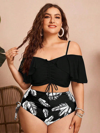 Swim Chiccia Summer 2pcs Plus Size Women's Solid Color Spaghetti Strap Off Shoulder Ruffled Drawstring Split Bikini, Stylish And Elegant Vacation Casual