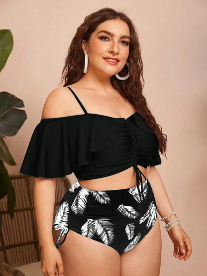 Swim Chiccia Summer 2pcs Plus Size Women's Solid Color Spaghetti Strap Off Shoulder Ruffled Drawstring Split Bikini, Stylish And Elegant Vacation Casual