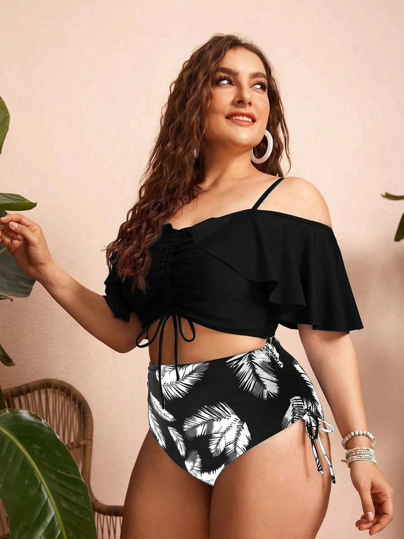 Swim Chiccia Summer 2pcs Plus Size Women's Solid Color Spaghetti Strap Off Shoulder Ruffled Drawstring Split Bikini, Stylish And Elegant Vacation Casual