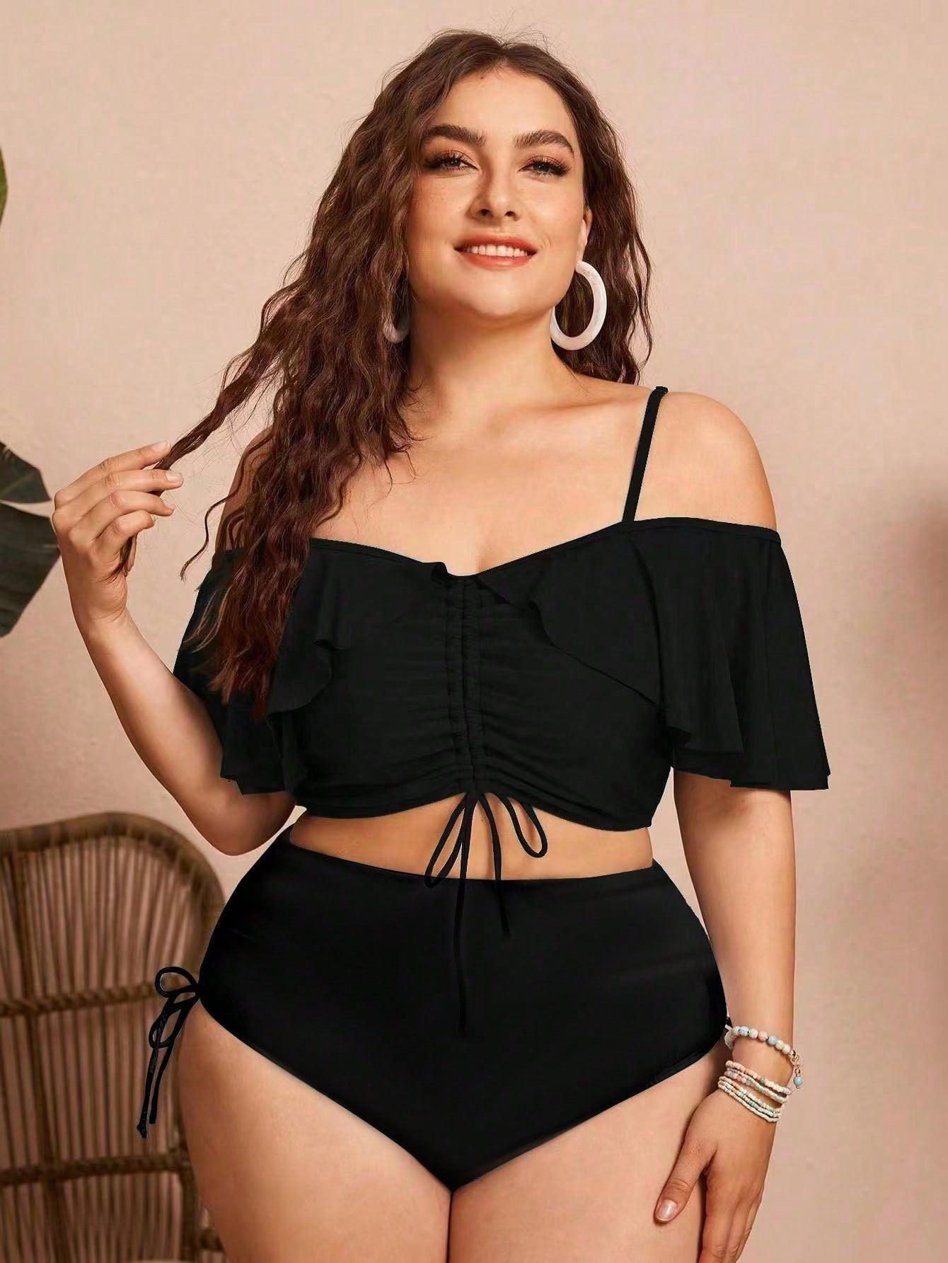 Swim Chiccia Summer 2pcs Plus Size Women's Solid Color Spaghetti Strap Off Shoulder Ruffled Drawstring Split Bikini, Stylish And Elegant Vacation Casual