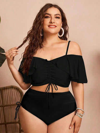 Swim Chiccia Summer 2pcs Plus Size Women's Solid Color Spaghetti Strap Off Shoulder Ruffled Drawstring Split Bikini, Stylish And Elegant Vacation Casual