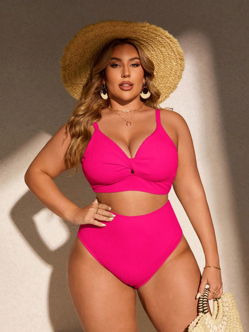 Swim Curve Plus Size Solid Color Swimwear Set, Summer