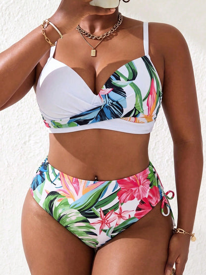 Swim Curve Plus Size Women 2 Pieces High Waist Floral Bikini Set With Underwire Removable Padding, Summer Swimwear
