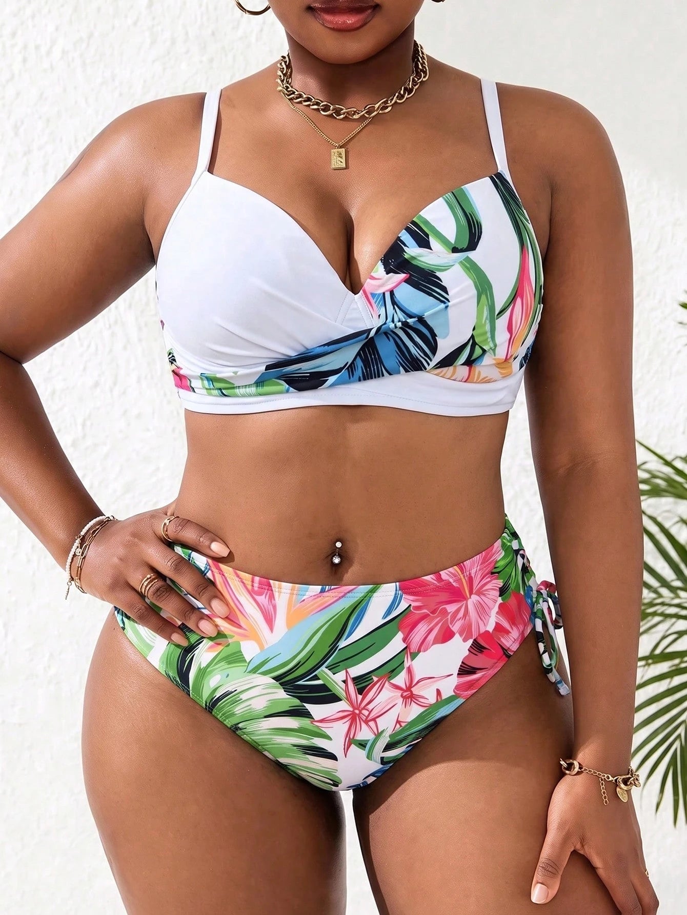 Swim Curve Plus Size Women 2 Pieces High Waist Floral Bikini Set With Underwire Removable Padding, Summer Swimwear