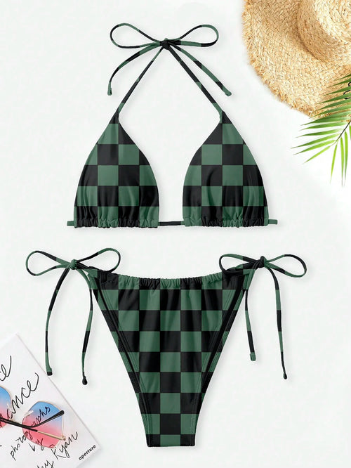 Swim Curve Plus Size Women 2pcs Solid Color Lace-Up Tankini Set With Triangle Cups, Sexy Fashion Casual Swimsuit For Summer Beach Vacation