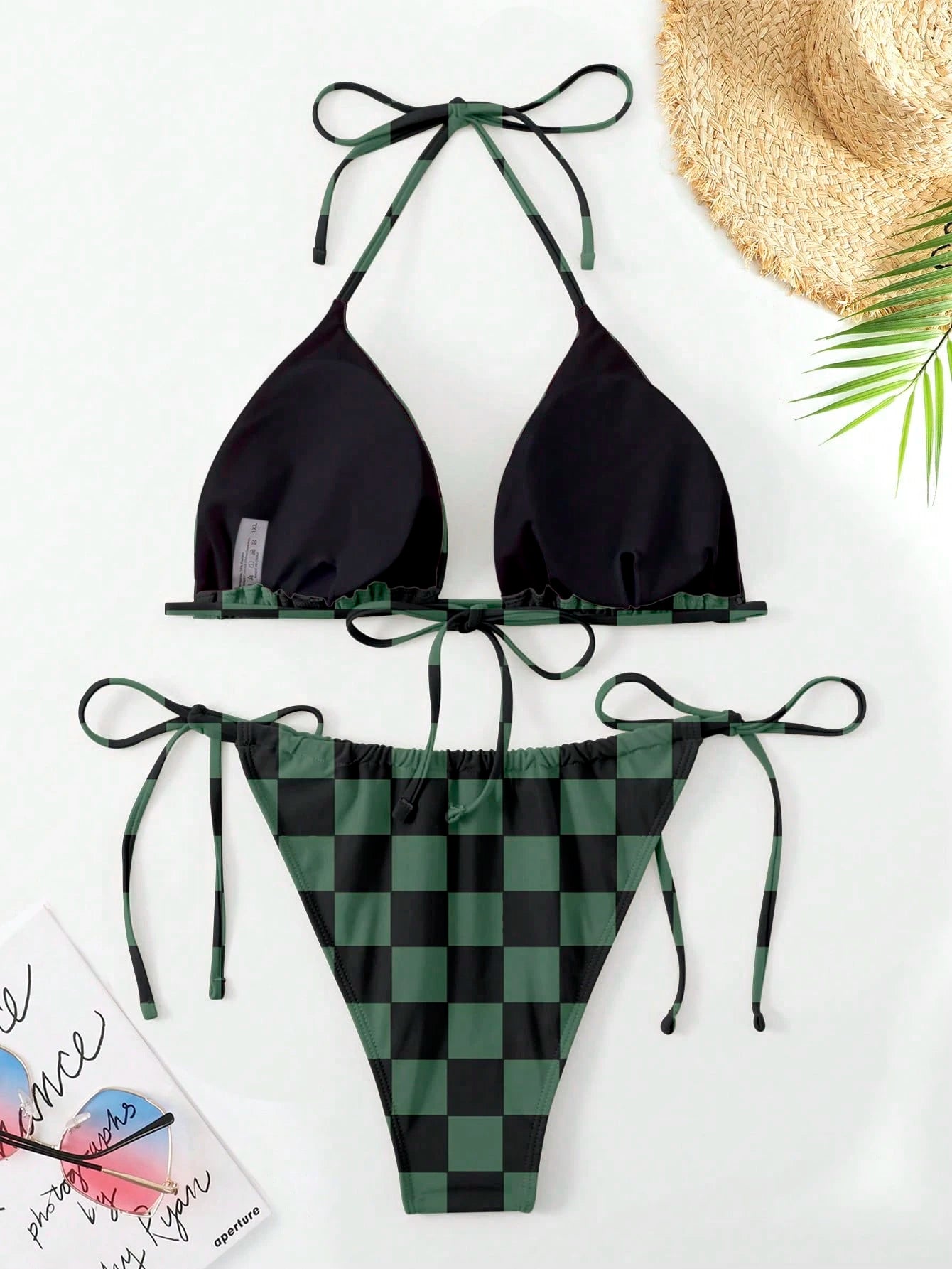 Swim Curve Plus Size Women 2pcs Solid Color Lace-Up Tankini Set With Triangle Cups, Sexy Fashion Casual Swimsuit For Summer Beach Vacation