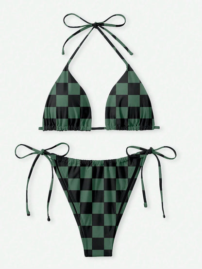 Swim Curve Plus Size Women 2pcs Solid Color Lace-Up Tankini Set With Triangle Cups, Sexy Fashion Casual Swimsuit For Summer Beach Vacation