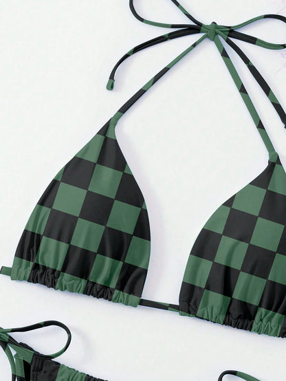 Swim Curve Plus Size Women 2pcs Solid Color Lace-Up Tankini Set With Triangle Cups, Sexy Fashion Casual Swimsuit For Summer Beach Vacation