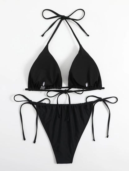Swim Curve Plus Size Women 2pcs Solid Color Lace-Up Tankini Set With Triangle Cups, Sexy Fashion Casual Swimsuit For Summer Beach Vacation