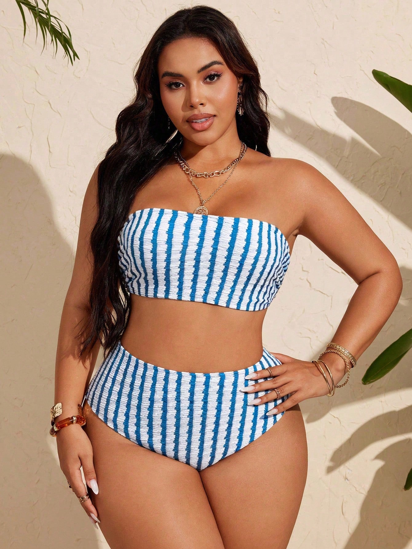 Swim Curve Plus Size Women Casual Summer Striped Bikini Set
