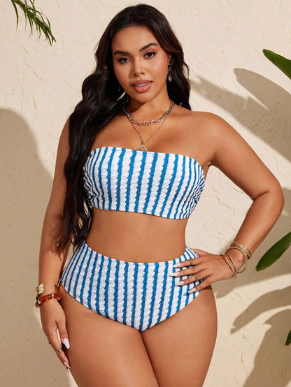 Swim Curve Plus Size Women Casual Summer Striped Bikini Set