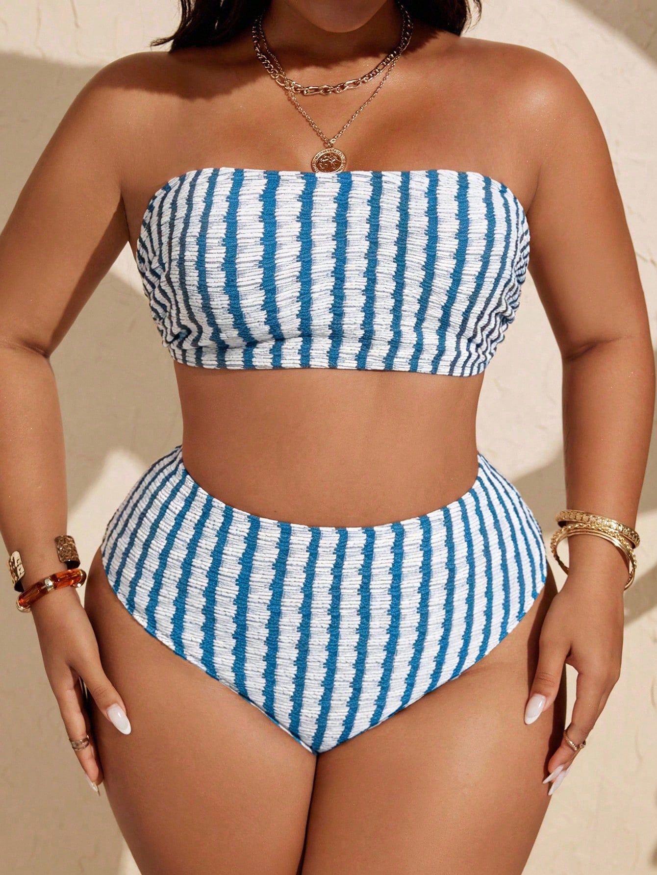 Swim Curve Plus Size Women Casual Summer Striped Bikini Set