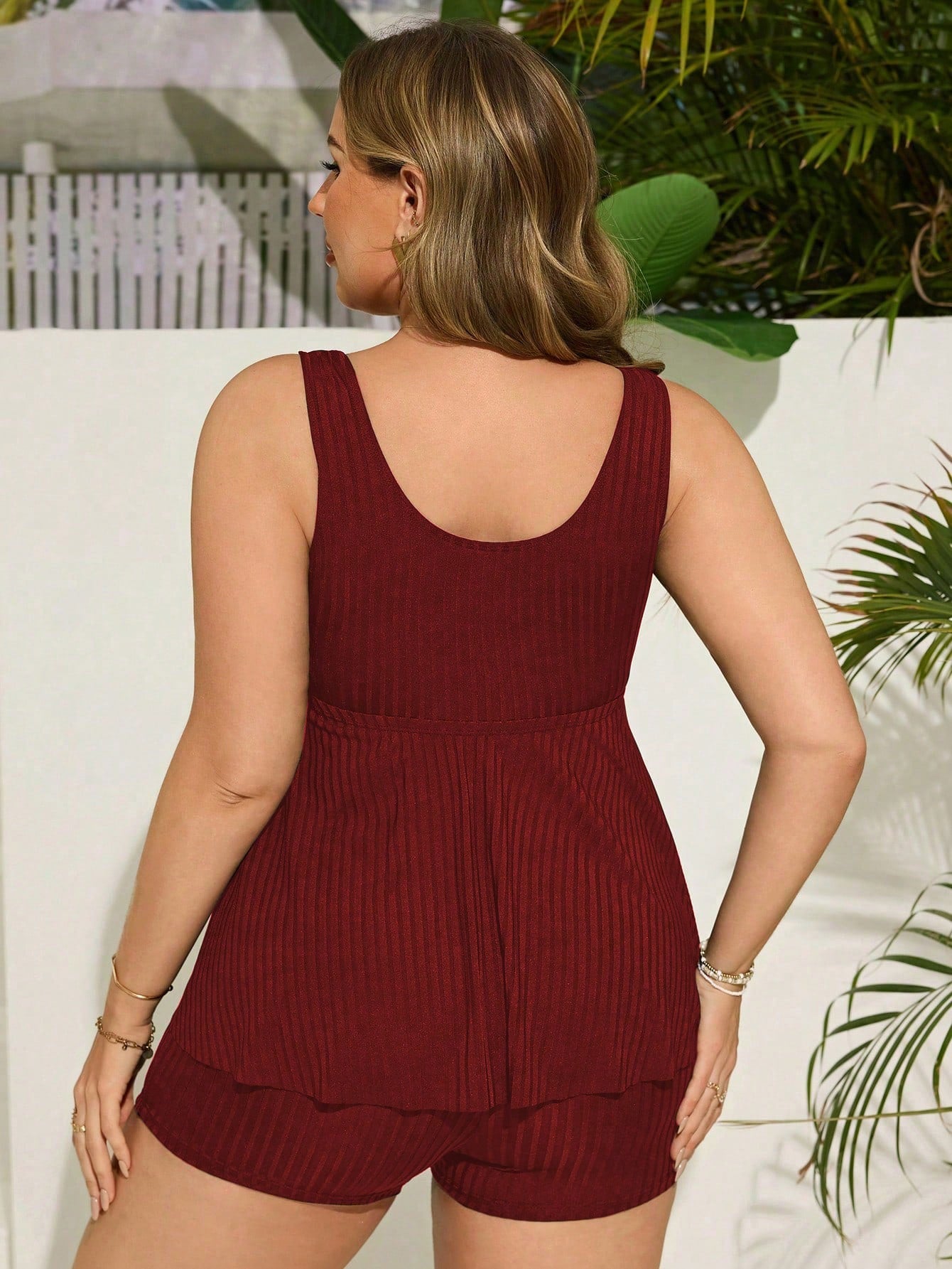 Swim Curve Plus Size Women Ribbed Top With Bow And Ruffle Hem Paired With Hipster Bottoms Luxury Beach Swimsuit Set For Summer Beach Vacation