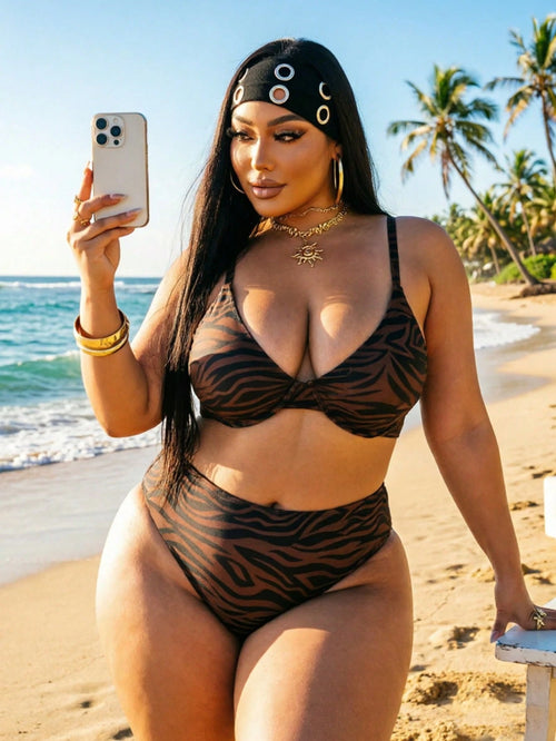 Swim Curve Plus Size Women's Sexy Zebra Print Bikini Swimwear Set, Summer Beach Vacation Brown