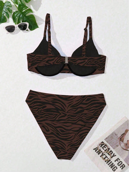 Swim Curve Plus Size Women's Sexy Zebra Print Bikini Swimwear Set, Summer Beach Vacation Brown