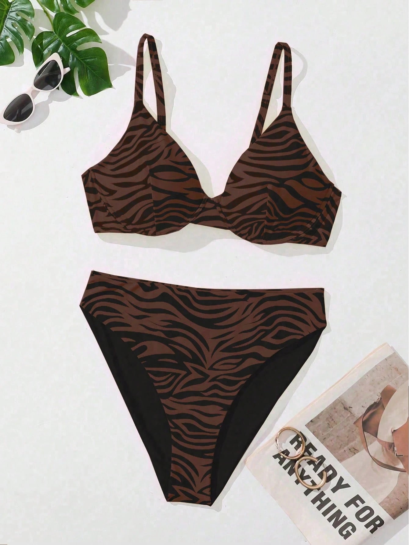 Swim Curve Plus Size Women's Sexy Zebra Print Bikini Swimwear Set, Summer Beach Vacation Brown