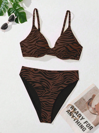 Swim Curve Plus Size Women's Sexy Zebra Print Bikini Swimwear Set, Summer Beach Vacation Brown